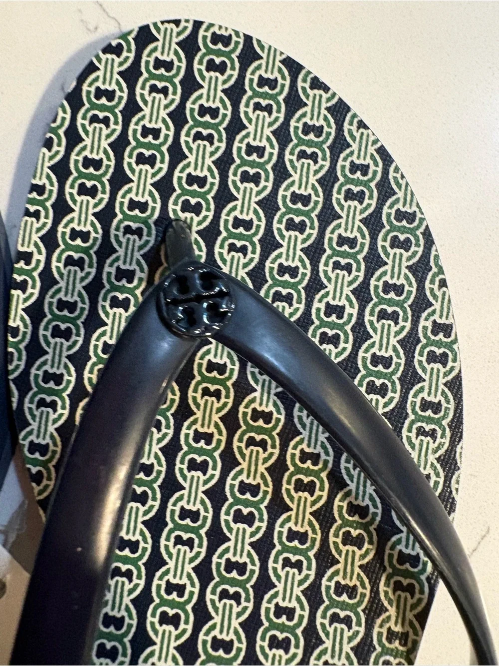Tory Burch Navy Patterned Logo-Print Flip Flop Sandals